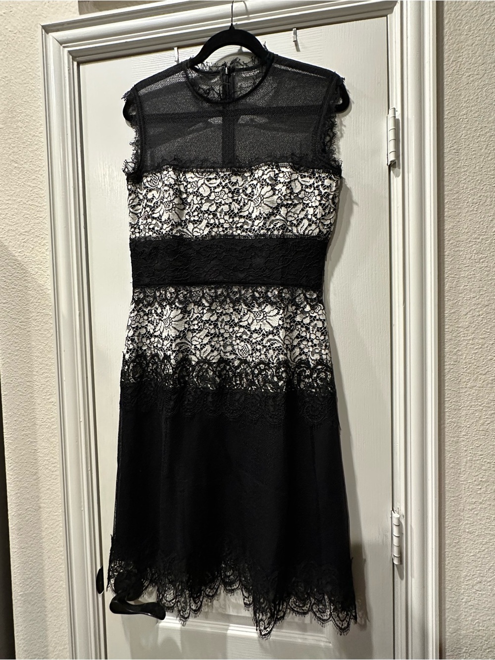 Barneys New York Black and White Lace Midi Sheath Dress